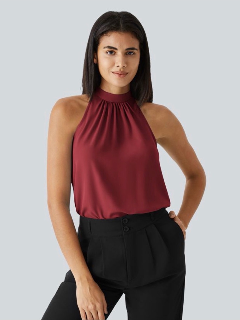Halara Keyhole Back Sleeveless Curved Hem Work Blouse Plum Blossom Red